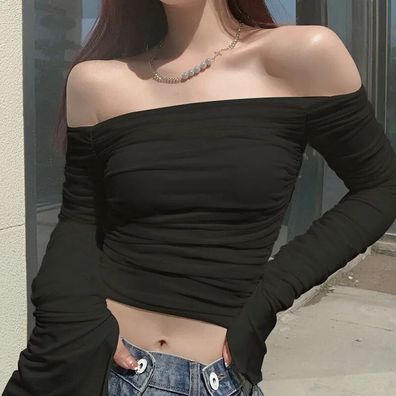 Aesthetic Mesh Sheer Off Shoulder T Shirt Elegant Long Sleeve Backless Crop Tops Summer Casual Slim Streetwear Tees