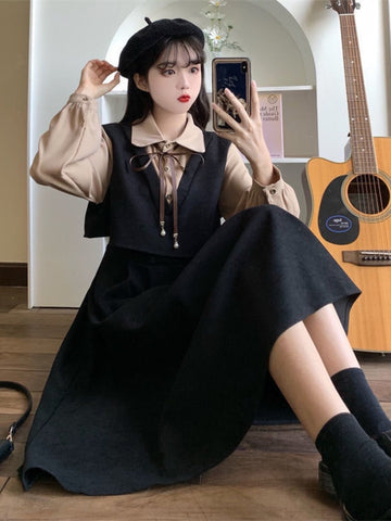 Elegant Vintage Long Dress Women Preppy Style Patchwork Long Sleeve Dresses Kawaii Peter Pan Collar Autumn Robe