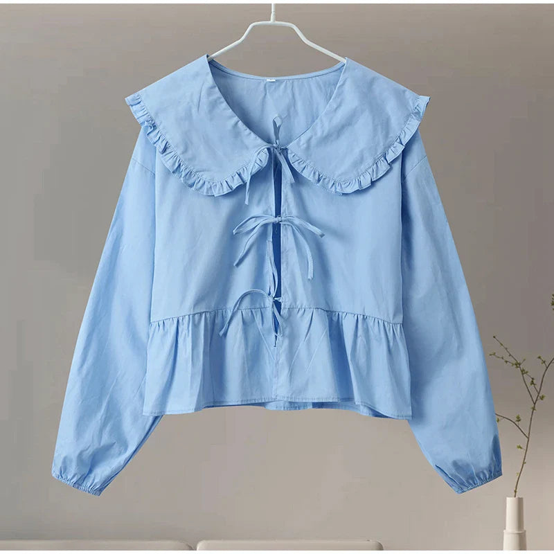 100% Cotton Striped Lace Up Women Shirts Elegant Flare Sleeve Embroidery Lapel Female Blouses  Spring Summer Casual Lady Top