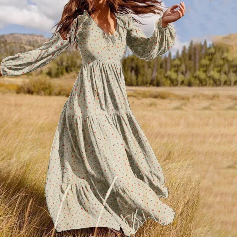 Floral Chiffon Fashion High Quality Maxi Dress Boho Women V-Neck Retro Holiday Leisure Long Sleeved Beach Temperament Lady Robe