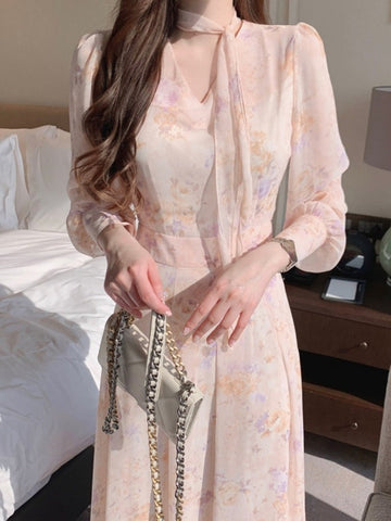 Spring Elegant V-Neck Midi Dress Female Long Sleeve Slim One Piece Dress Korean Fashion Vintage Floral Chiffon Dress Women