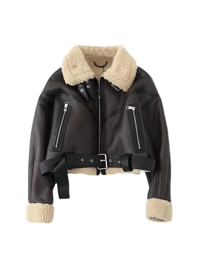 Women Fashion Thick Warm Faux Shearling Jacket Coat Vintage Long Sleeve Belt Hem Female Outerwear Chic Tops