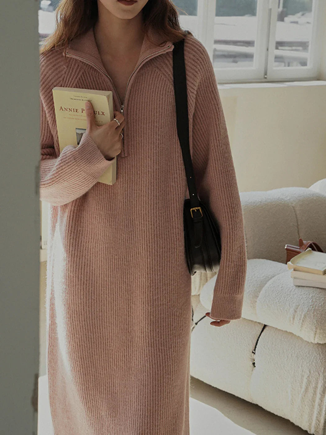 Korean Chic Big Lapel Zipper Stripe Mid Length Knit Dress Autumn Winter Pullover Long Sleeve Loose Warm Women Dress  New