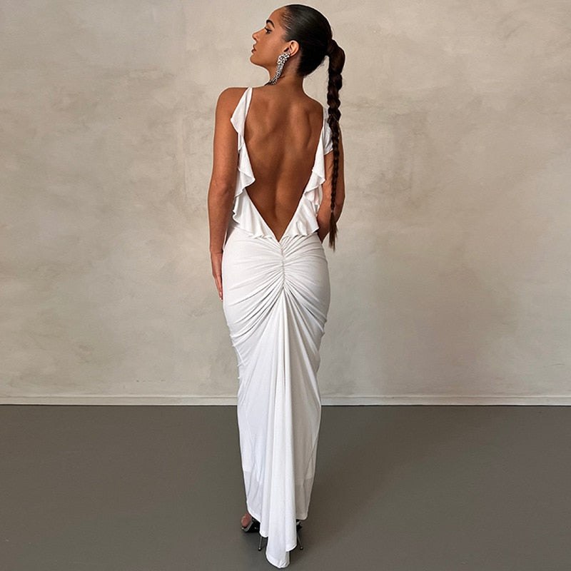 Orange Ruffles Maxi Dress Elegant Sexy Backless Ruched Bodycon Party Dress  Women Straps Sleeveless Club Evening Dress