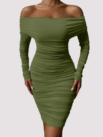 Solid Mesh White Midi Dresses Women Clothing Off Shoulder Long Sleeves Autumn Dress Backless Ruched Sexy Party Vestido