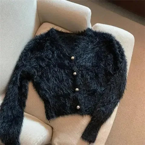 V Neck Cropped White Mohair Knitted Cardigan Retro Casual Lazy Oversized Sueters Sweaters for Women Solid Fur Clothes Jacket