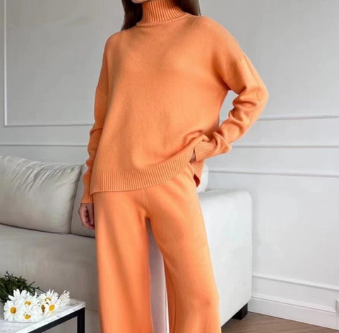 Women Solid Color High Collar Pullover Sweater Set Loose Knitwear Straight Pants Suits Autumn Winter Fashion Office Lady Outfits