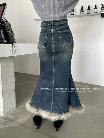 Winter Fur Trim Fishtail Long Jeans Skirt Women Feather Stitch Blue High Waist Denim Maxi Skirt 90s Retro Y2k Bottoms