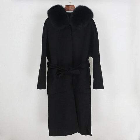 New Oversize Loose Cashmere Wool Blends Real Fur Coat Winter Jacket Women Natural Fox Fur Collar Hood Outerwear Belt