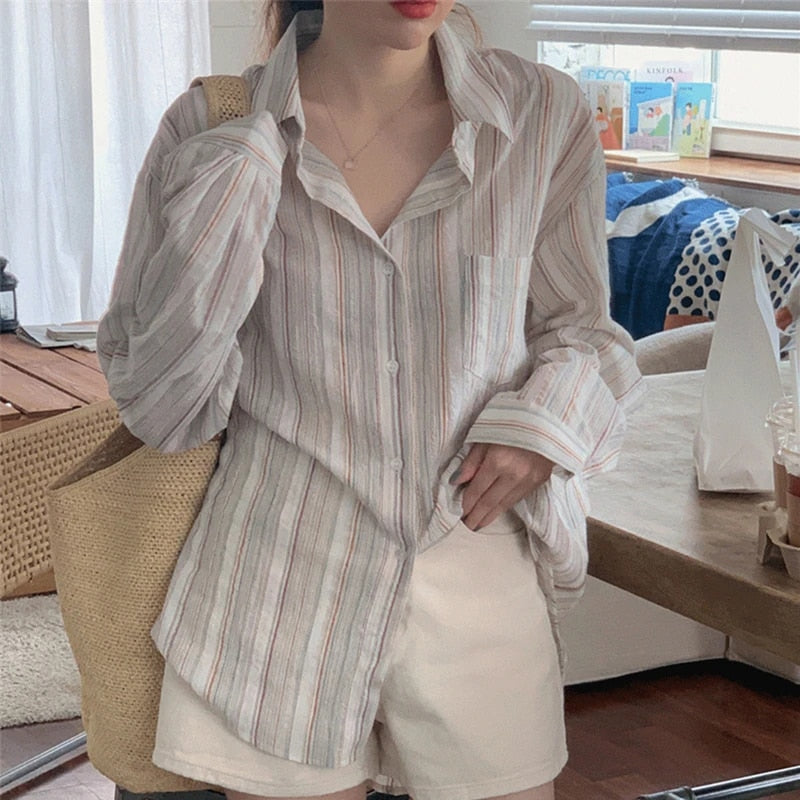 Vintage Striped Shirts Women Korean Fashion Simple Long Sleeve Turn Down Collar Blouse Office Lady Casual Loose Thin Tops