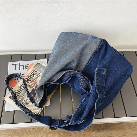 Oversized Patchwork Tote Bags For Women Latest Trend Shoulder Crossbody Bag Braided Strap Denim Fabric Big Capacity Shopper