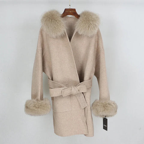New Oversize Loose Cashmere Wool Blends Real Fur Coat Winter Jacket Women Natural Fox Fur Collar Hood Outerwear Belt