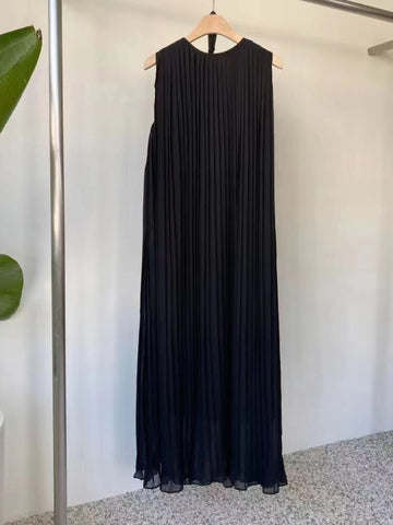 Dress for Women Vintage Dress Women Round Neck Sleeveless Pleated Dresses Female Korean Solid Slimming Lace Up Long Dresses