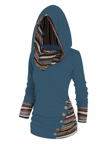 Tribal Geometric Stripe Panel Hooded Knit Top Long Sleeve Mock Button Knitted Women Casual Ethnic Top With Hood