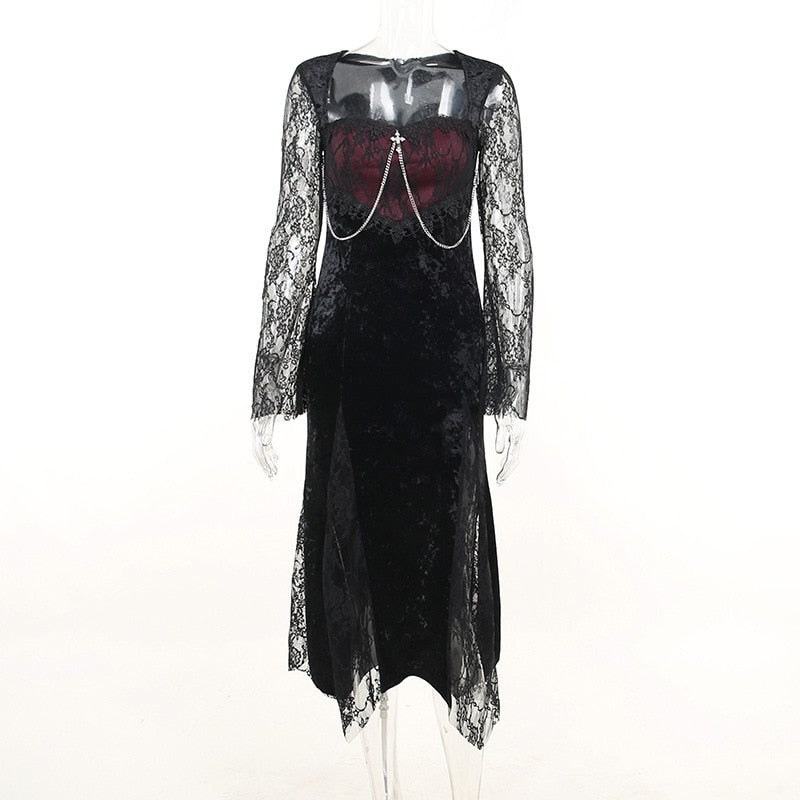 Goth Dark Elegant Mall Gothic Women Evening Dresses Grunge Aesthetic E-girl Velvet Midi Dress Lace Splice Sexy Split Alt Outfits