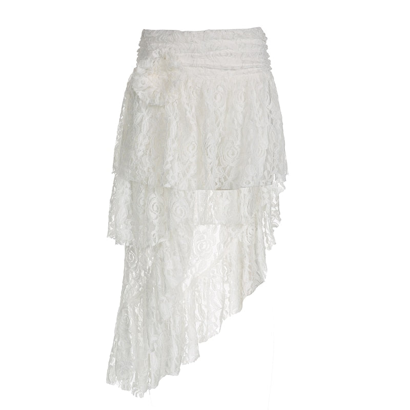 Casual Solid Lace Asymmetrical Skirt Basic Slim Mid-Waisted Mini Skirts Women Summer Fashion Streetwear Ladies