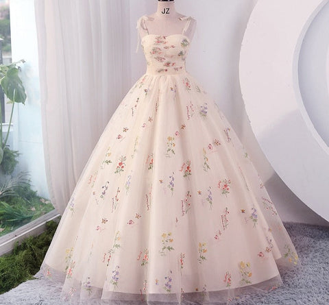 Luxury Floral Embroidery Long Prom Evening Dresses for Women Summer Elegant Suspender Mesh Party Formal Host Princess Dress