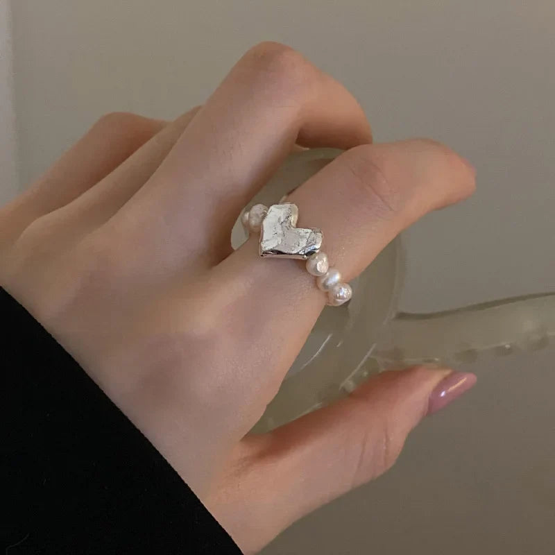 New Imitation Pearl Stretch Finger Rings for Women Girl Korean Fashion Sweet Heart Geometric Ring Jewelry Gift Party