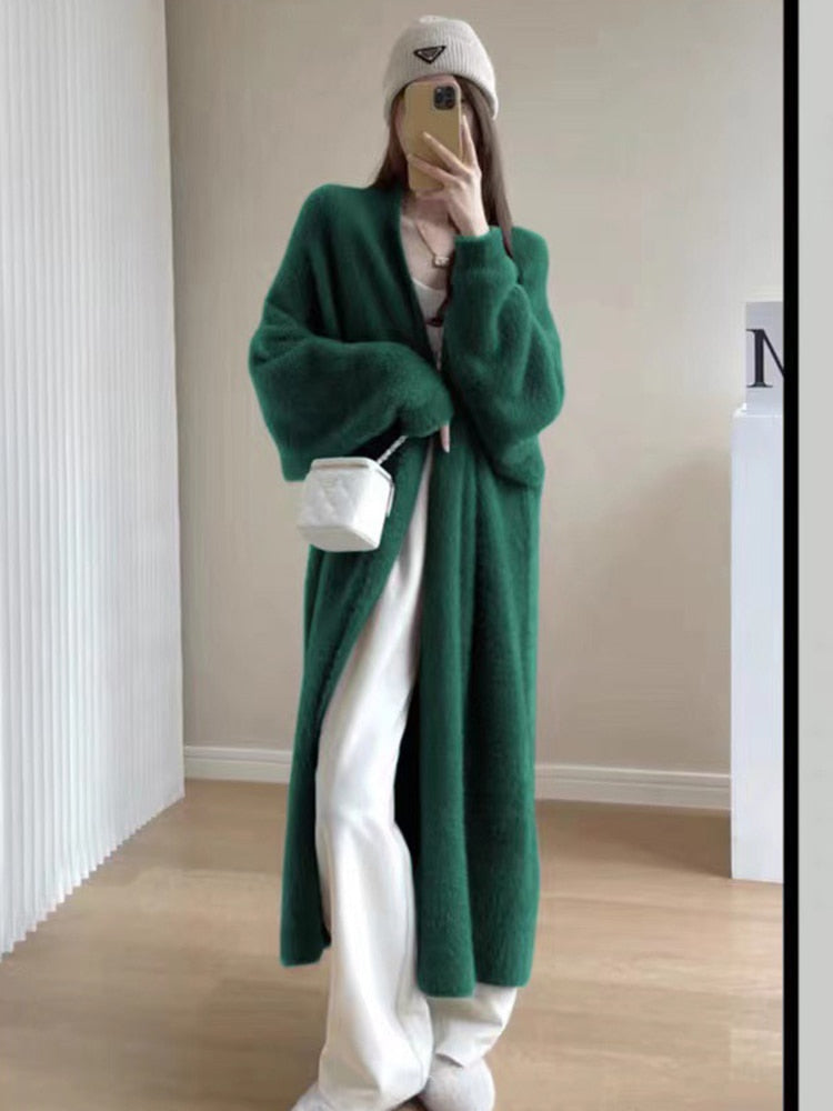 Imitation Mink Long Cardigan Women Casual Loose Soft Sweater Gilet Elegant Fall Winter Fluffy Knitwear Jackets Warm Knit