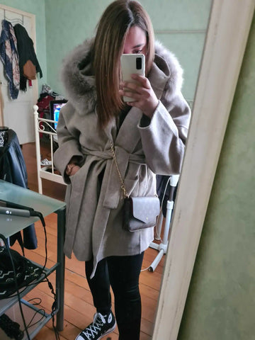 New Oversize Loose Cashmere Wool Blends Real Fur Coat Winter Jacket Women Natural Fox Fur Collar Hood Outerwear Belt