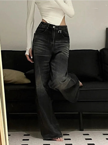 Vintage Black Wide Leg Jeans Women Oversized High Street Korean Fashion Baggy Denim Trousers Grunge Y2k Female Hip Hop