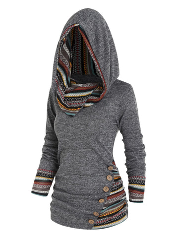 Tribal Geometric Stripe Panel Hooded Knit Top Long Sleeve Mock Button Knitted Women Casual Ethnic Top With Hood