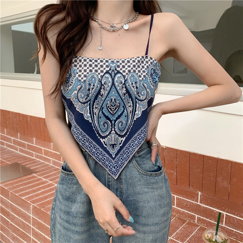 Retro Camisole Summer Short Triangle Top Mercerized Cotton Paisley Printed Indie Folk Woman Sexy Spaghetti Camis Crop Tops Pbong mid size graduation outfit romantic style teen swag clean girl ideas 90s latina aesthetic