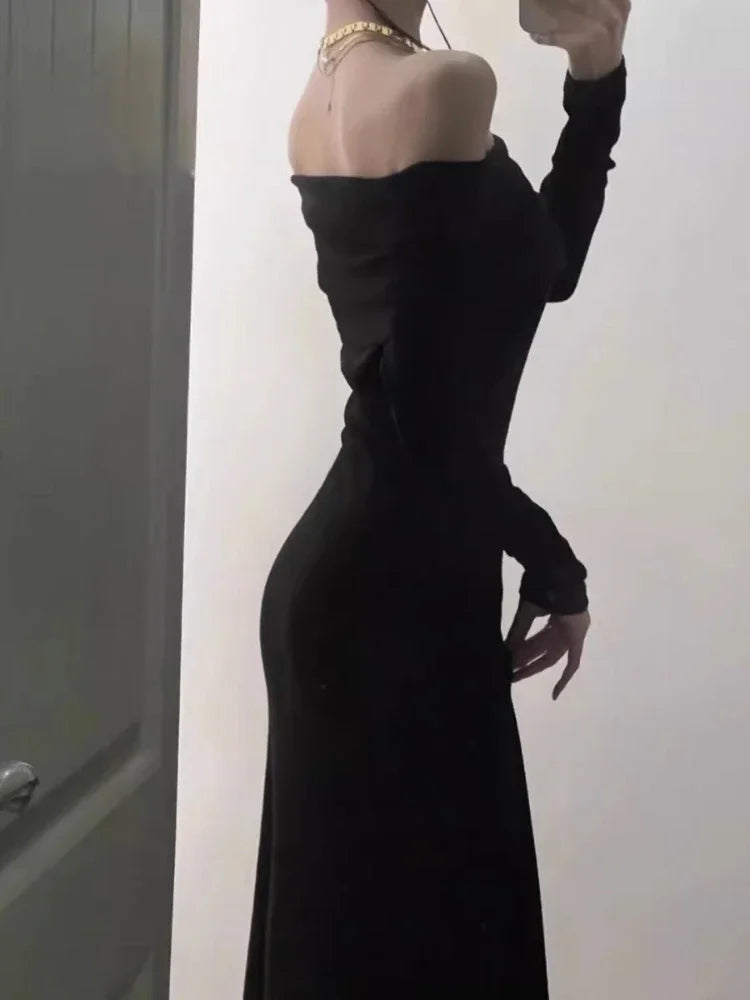 Black Dress Women 2023 Autumn Elegant Long Sleeve Ribbed Backless Sexy Bodycon Long Dresses Evening Party