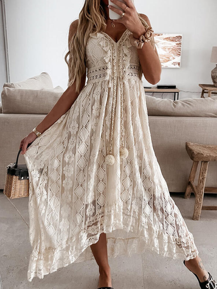 Boho Dress Women Summer Maxi Dress Lady Off Shoulder Holiday Lace V Neck Spaghetti Strap Sundress White Dress