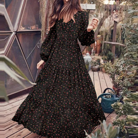 Floral Chiffon Fashion High Quality Maxi Dress Boho Women V-Neck Retro Holiday Leisure Long Sleeved Beach Temperament Lady Robe