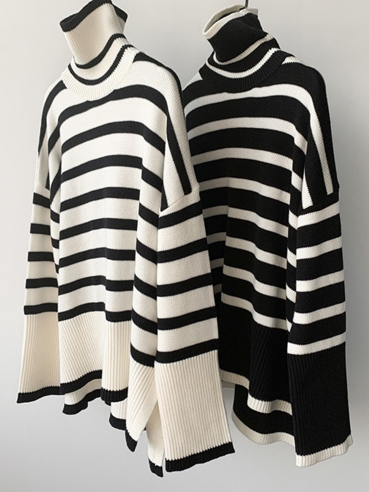 Winter Women's Long Sleeves Knit Sweater Turtleneck Striped Print Loose Pullover Tops  Autumn Oversized Sweater