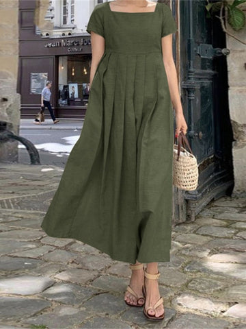 Dress for Women Cotton Blended Long Skirt Large Swing Sun Skirt Short Sleeve Square Neck Elegant Casual Long Pure Color Dress