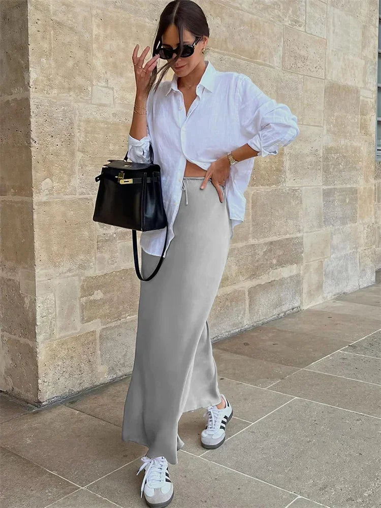 High Waist Lace-Up Long Skirt Women Casual Solid Patchwork Satin Elegant Maxi Skirt Fashion Patchwork Women's Long Skirt