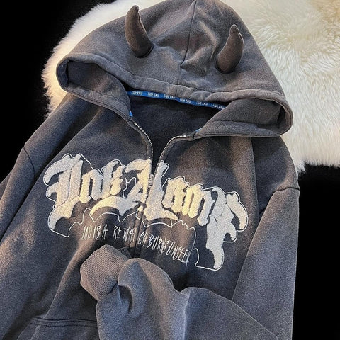 Women Letter Embroidery Hoodies Autumn Winter Vintage Zipper Long Sleeve Oversized Jacket Coat Harajuku Casual Hooded Sweatshirt