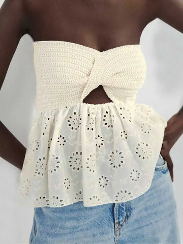 White Tube Top Knit Twist Crop Top Women Elegant Lace Mesh Strapless Corset Top Korean Sexy Streetwear Cute Chiffon Blouse