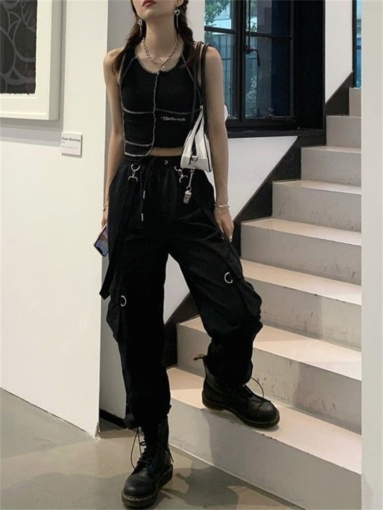 Gothic Cargo Pants Women Harajuku Black High Waisted Hippie Streetwear Kpop Oversize Mall Goth Wide Trousers For Female