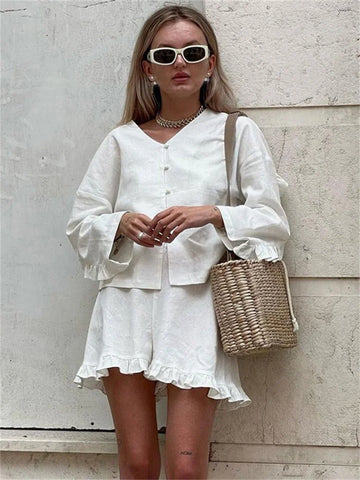 Ruffled Casual Outfits For Women High Waist Long Sleeve Shorts Two Piece Solid Knee Length Baggy Female Nightwear Outfits