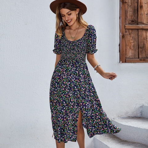 Print Dress Women Summer Holiday Midi Dress Casual Puff Sleeve High Waist Boho Split Dresses For Women Clothes