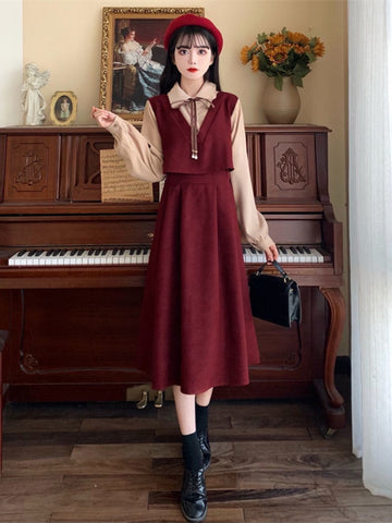 Elegant Vintage Long Dress Women Preppy Style Patchwork Long Sleeve Dresses Kawaii Peter Pan Collar Autumn Robe