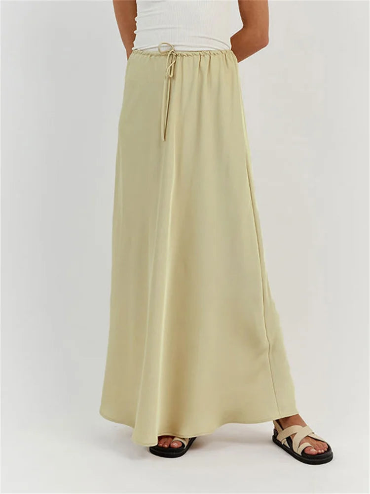 High Waist Lace-Up Long Skirt Women Casual Solid Patchwork Satin Elegant Maxi Skirt Fashion Patchwork Women's Long Skirt