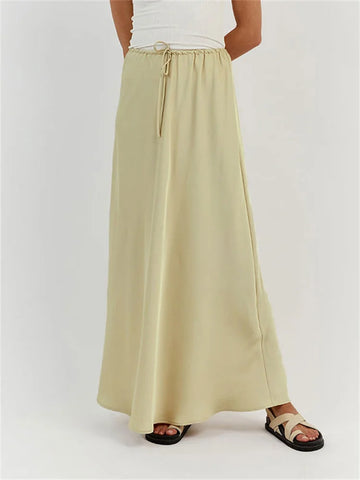 High Waist Lace-Up Long Skirt Women Casual Solid Patchwork Satin Elegant Maxi Skirt Fashion Patchwork Women's Long Skirt