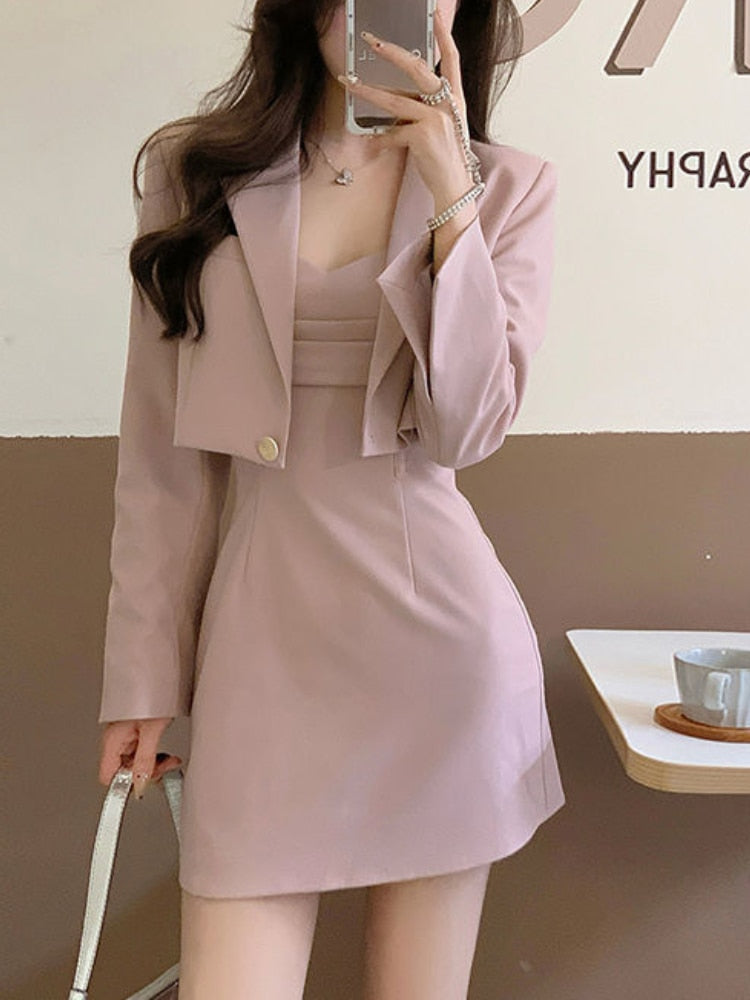 Autumn Pink Two Piece Dress Set Women Blazer Coat+Strap Dress Set Female Casual Korean Fashion Slim Elegant Dress Suit