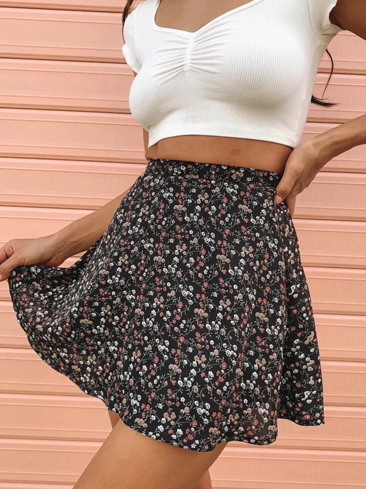 Boho Floral Print Party Skirt Summer New High Waist Pleated Skirt Short Beach Sexy Frills Mini Skirts For Women