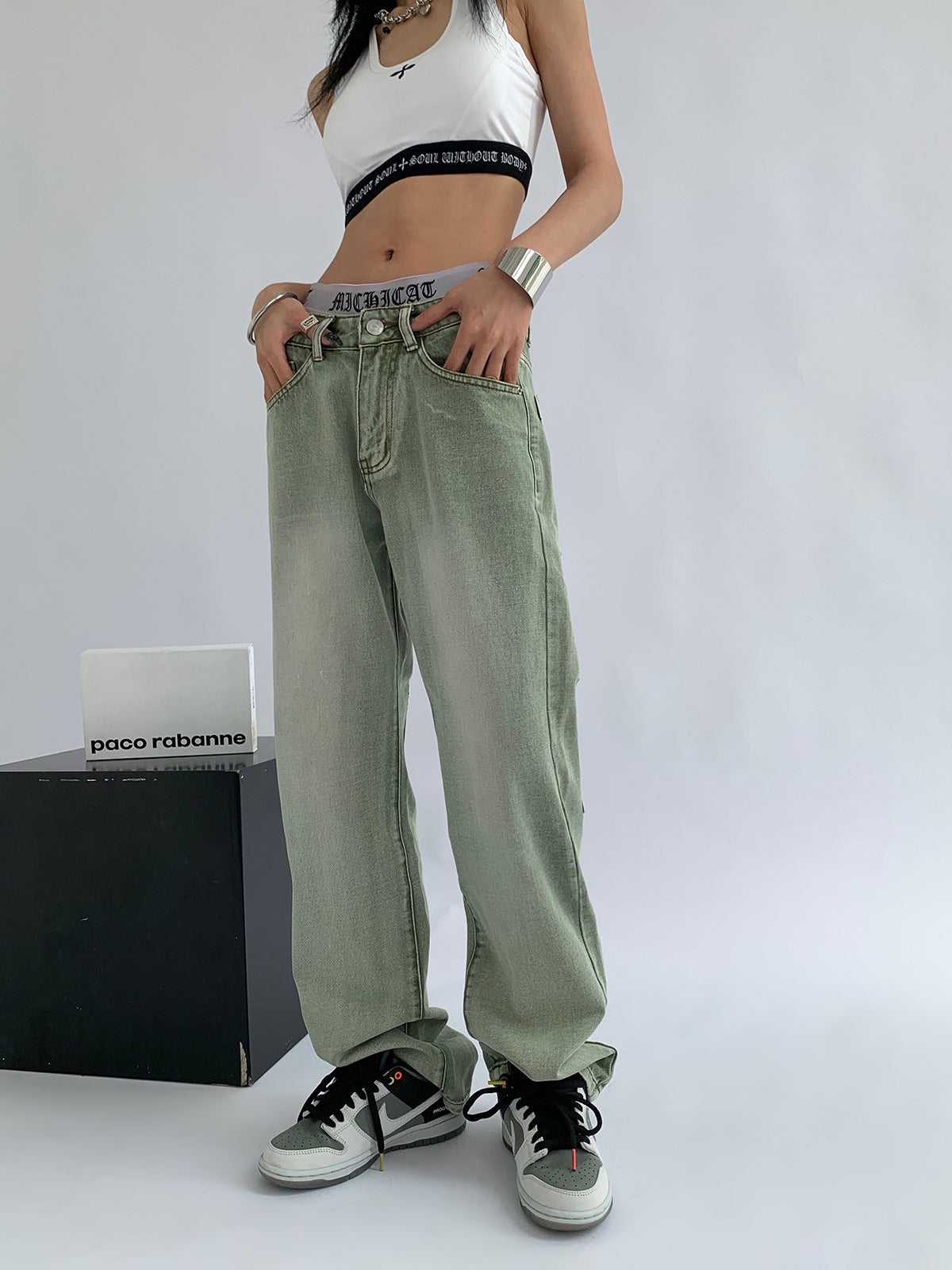 Women's Green Jeans Vintage Washed Multiple Pockets Wide Leg Pants Casual Street High Waist Baggy Denim Trouser Ladies Summer