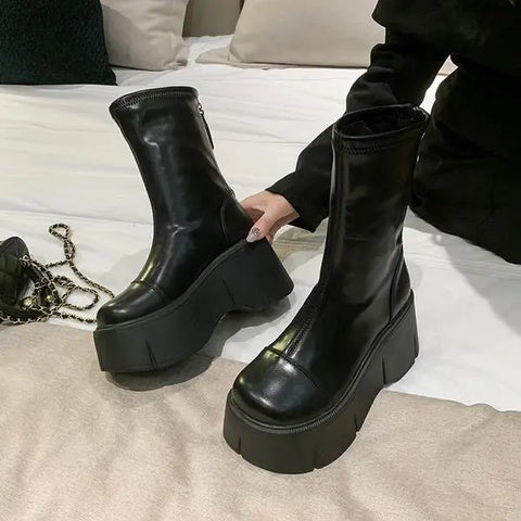 Women Boots High Heels Winter Footwear Shoes Round Toe Boots-Women Clogs Platform Zipper Stiletto Mid-Calf Mid Calf Autumn