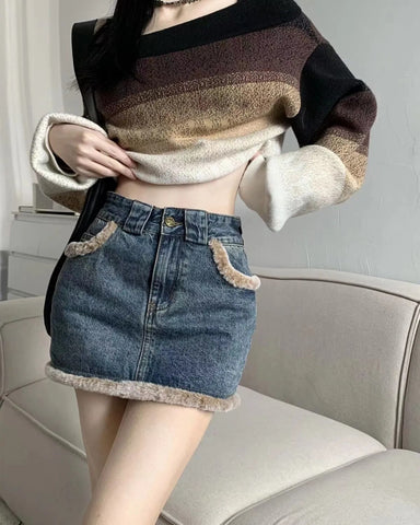 Washed Fur Paneled Denim Skirt for Women Retro Sexy Hot Girl High Waist A-line Skirt Y2k Skirt Fashion Casual Package Hip Skirt