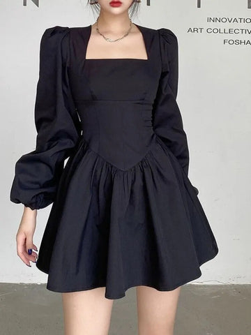 Black Elegant Mini Dress Women Vinatge Long Sleeve Dresses Square Collar Spring Autumn Fashion High Street Female Robe