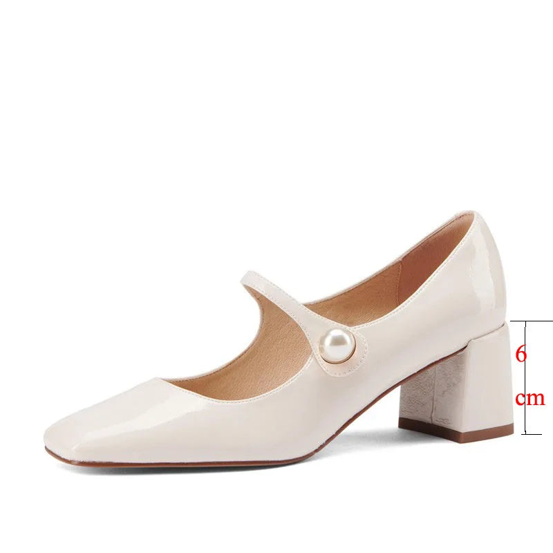 Rimocy Pearl Patent Leather High Heels Mary Janes Woman Spring Elegant Square Toe Women's Pumps Red Office Ladies Shoes