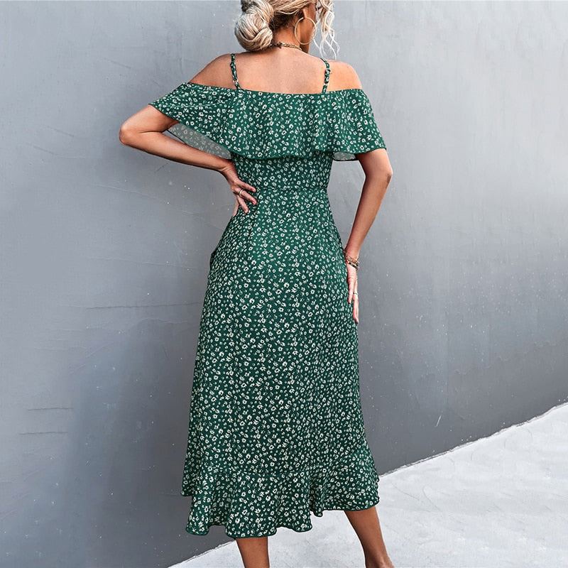 Ladies Spring Summer Sexy Straps Dress Women Green Off Shoulder Ruffles Casual Beach Dresses Female Floral Print Dress