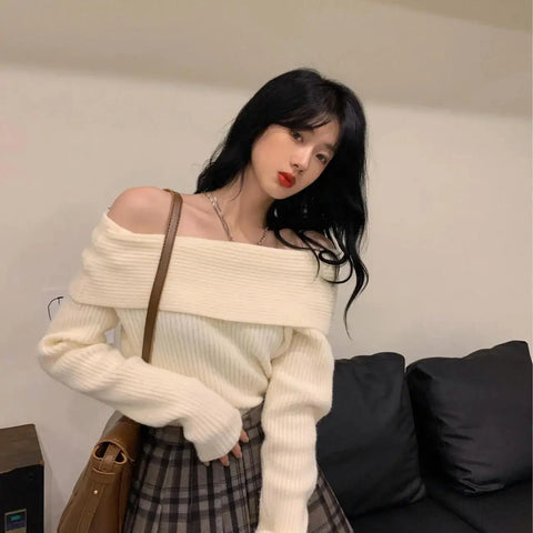 Off Shoulder Tops for women Long Sleeve Elegant Knitted Sweater Sexy Pullovers Y2k Clothing Korean Style White Black Grey